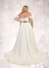 Load image into Gallery viewer, Brielle A-Line Off the Shoulder Crepe Back Satin Chapel Train Dress Diamond White HDOP0022787