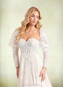Kaley A-Line Lace Tulle Cathedral Train Dress Diamond White/Champagne HDOP0022789