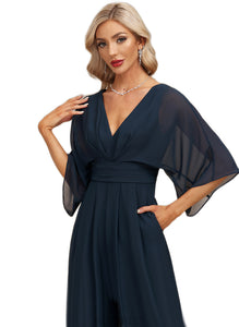 Zoe Jumpsuit/Pantsuit V-Neck Floor-Length Chiffon Evening Dress With Pleated HDOP0020787