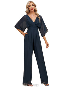 Zoe Jumpsuit/Pantsuit V-Neck Floor-Length Chiffon Evening Dress With Pleated HDOP0020787