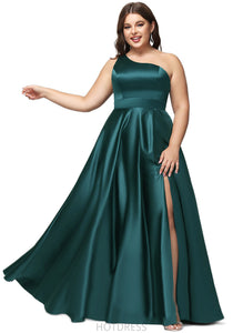 Valentina A-line One Shoulder Floor-Length Satin Prom Dresses With Rhinestone HDOP0020905