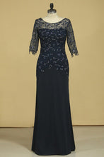 Load image into Gallery viewer, Mother Of The Bride Dresses Scoop 3/4 Length Sleeve Dark Navy Spandex &amp; Lace With Beads