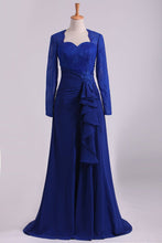 Load image into Gallery viewer, Mother Of The Bride Dresses Long Sleeves Chiffon With Applique Open Back Dark Royal Blue