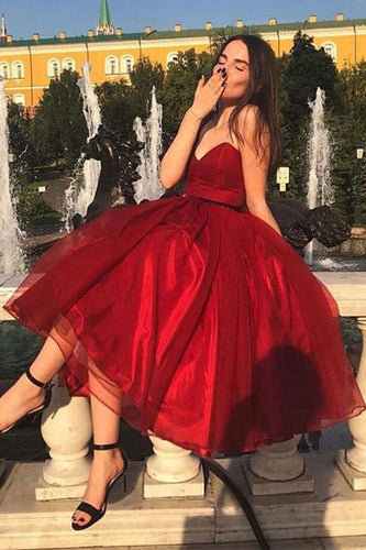 Sweetheart Red Prom Dresses Tea Length Homecoming Dresses