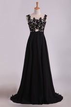 Load image into Gallery viewer, Cap Sleeves Prom Dresses Scoop Floor Length Chiffon With Applique