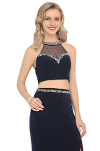 Two-Piece Scoop Spandex Prom Dresses Mermaid With Beading