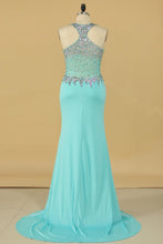 Load image into Gallery viewer, V Neck Beaded Bodice Sheath Sweep Train Spandex Prom Dresses
