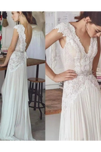 Load image into Gallery viewer, Unique V Neck Cap Sleeves Chiffon Beach Wedding Dress With Beading SJSPGG9HAF7