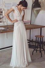Load image into Gallery viewer, Unique V Neck Cap Sleeves Chiffon Beach Wedding Dress With Beading SJSPGG9HAF7