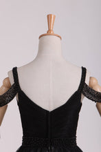 Load image into Gallery viewer, Black Straps A Line Homecoming Dresses Lace With Ruffles &amp; Beads