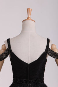 Black Straps A Line Homecoming Dresses Lace With Ruffles & Beads