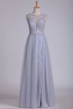 Load image into Gallery viewer, Prom Dresses Bateau Open Back A Line Tulle With Applique Floor Length