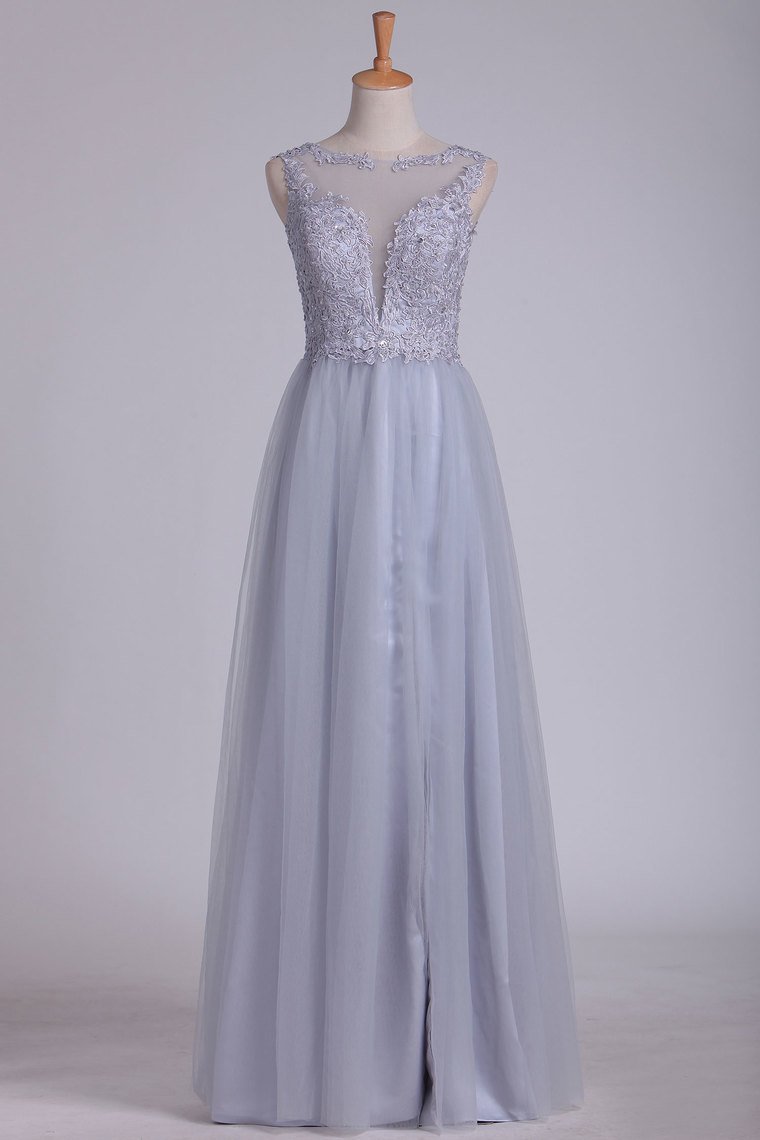 Prom Dresses Bateau Open Back A Line Tulle With Applique Floor Length