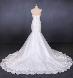 Charming Strapless Sweetheart Mermaid Lace Appliques White Wedding Dresses SJS15128
