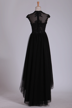 Load image into Gallery viewer, Black Prom Dresses Scoop Tulle With Beads &amp; Applique Asymmetrical