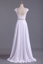 Load image into Gallery viewer, Cap Sleeves Prom Dresses Scoop A Line Beaded Bodice Floor Length