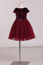 Load image into Gallery viewer, Tulle &amp; Velvet Scoop With Handmade Flowers A Line Flower Girl Dresses