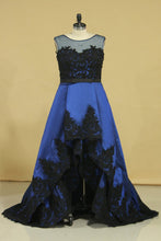 Load image into Gallery viewer, Plus Size Asymmetrical Bateau Prom Dresses Taffeta With Applique And Sash Sweep Train Dark Royal Blue