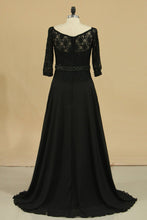 Load image into Gallery viewer, Black Mother Of The Bride Dresses 3/4 Length Sleeve A Line Chiffon Lace Sweep Train