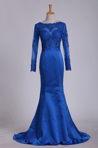 Royal Blue Prom Dresses Long Sleeves Mermaid/Trumpet Satin With Applique Backless