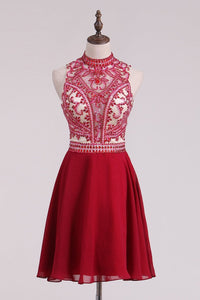 High Neck Homecoming Dresses A Line Chiffon With Beading