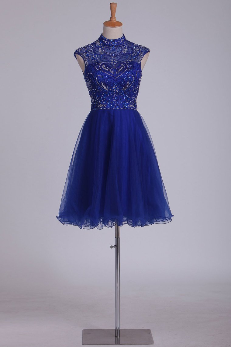 High Neck Beaded Bodice A Line Homecoming Dresses Tulle Short/Mini