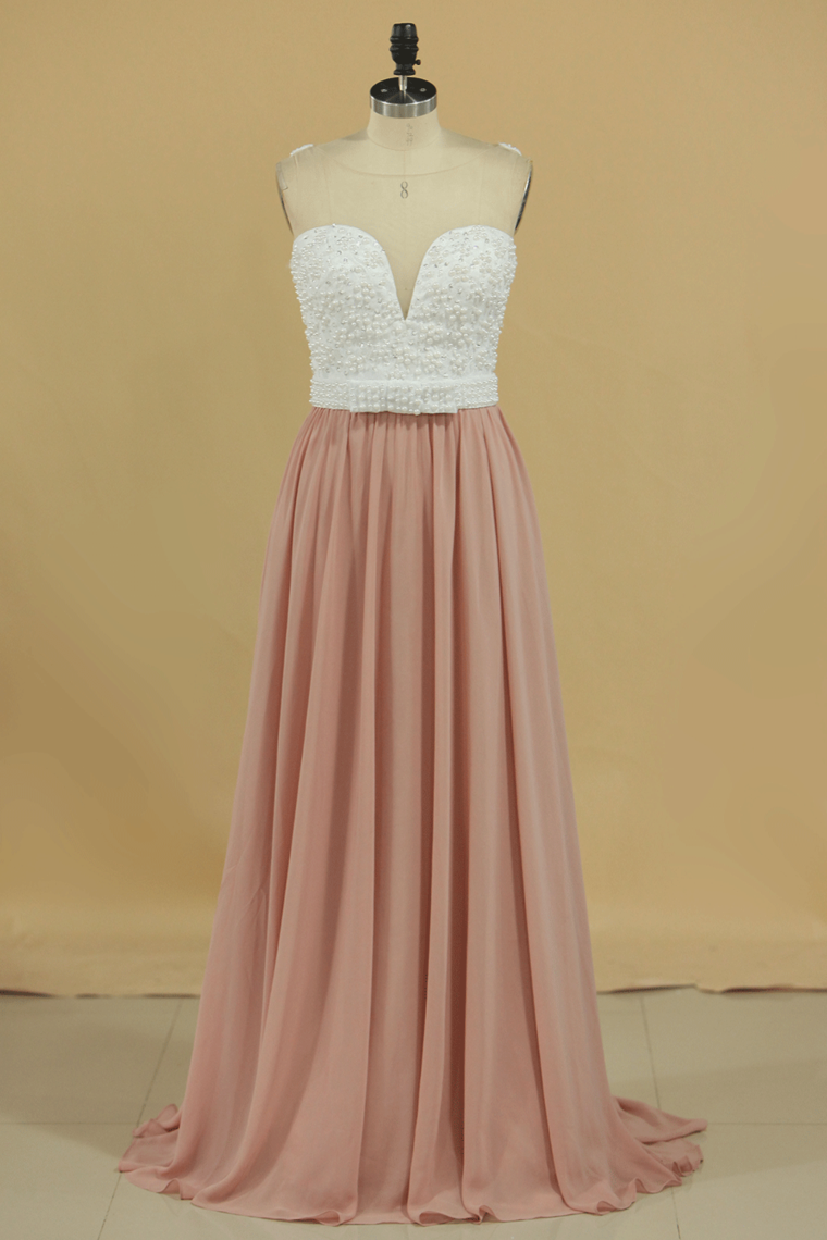 Scoop Prom Dresses A Line Chiffon With Beading Sweep Train