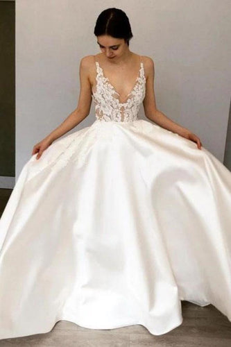 Simple A-Line Deep V Neck Satin Ivory Wedding Dress With Lace SJSPR2KHCZB