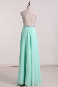 Prom Dresses Open Back A Line Chiffon & Tulle With Beads And Rhinestones