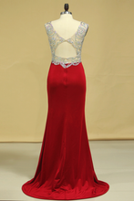 Load image into Gallery viewer, Red V Neck Beaded Bodice Open Back Prom Dresses Column Spandex Sweep Train Plus Size