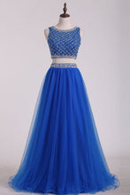 Load image into Gallery viewer, Two Pieces Bateau Prom Dress Beaded Bodice A Line Tulle Floor Length