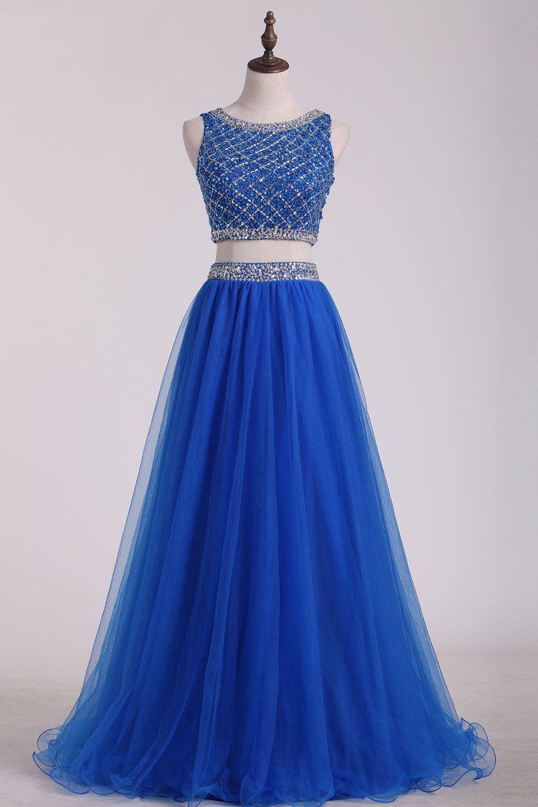 Two Pieces Bateau Prom Dress Beaded Bodice A Line Tulle Floor Length