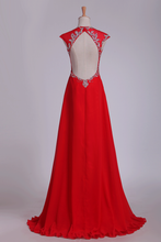 Load image into Gallery viewer, Prom Dress V Neck Open Back Chiffon With Beading Sweep Train