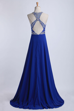Load image into Gallery viewer, Halter A-Line/Princess Prom Dresses Tulle And Chiffon Dark Royal Blue Sweep Train