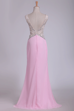 Load image into Gallery viewer, V Neck Open Back Sheath Prom Dresses Chiffon With Beads And Slit