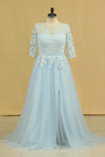 Load image into Gallery viewer, Mother Of The Bride Dresses A Line Bateau Tulle With Applique And Sash Sweep Train Plus Size Light Sky Blue