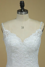 Load image into Gallery viewer, Court Train Mermaid Spaghetti Straps Tulle With Applique Wedding Dresses