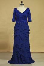 Load image into Gallery viewer, Dark Royal Blue Mother Of The Bride Dresses Chiffon V Neck With 3/4 Length Sleeves