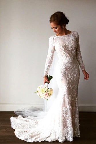 Delicate Mermaid Lace Appliques Long Sleeves Wedding Dresses
