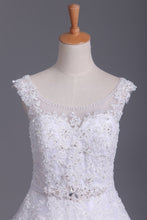 Load image into Gallery viewer, A Line Cap Sleeve Scoop Tulle Wedding Dresses With Applique And Sash