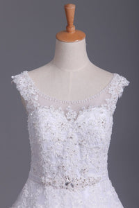 A Line Cap Sleeve Scoop Tulle Wedding Dresses With Applique And Sash