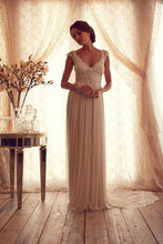 Load image into Gallery viewer, V Neck Cap Sleeves Wedding Dresses Chiffon Floor Length With Applique Backless