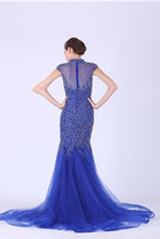 Load image into Gallery viewer, Tulle Prom Dresses High Neck Mermaid With Beading Sweep Train