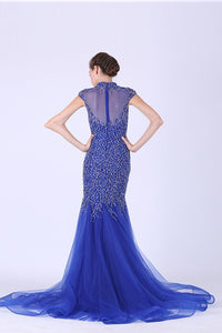 Tulle Prom Dresses High Neck Mermaid With Beading Sweep Train