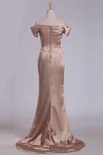 Load image into Gallery viewer, Off The Shoulder Elastic Satin With Slit And Ruffles Sheath Evening Dresses