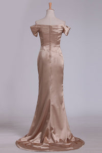 Off The Shoulder Elastic Satin With Slit And Ruffles Sheath Evening Dresses