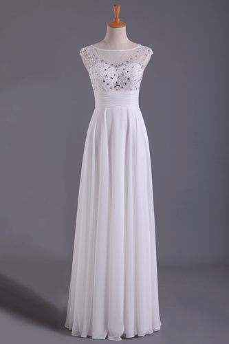White Bateau A-Line Prom Dresses Chiffon Floor-Length With Beads And Applique