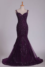 Load image into Gallery viewer, Straps With Applique Tulle Mermaid/Trumpet Prom Dresses Sweep Train