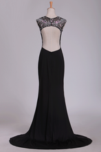 Load image into Gallery viewer, Spandex Scoop With Beads And Slit Open Back Sheath Prom Dresses Sweep Train