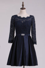 Load image into Gallery viewer, 3/4 Length Sleeve Bridesmaid Dresses A Line Bateau Satin &amp; Lace Open Back Black